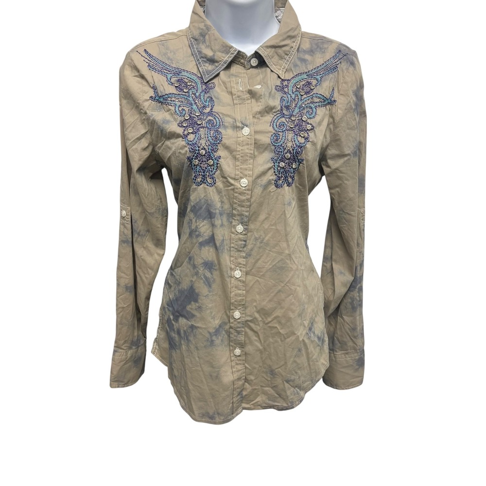 Roar Signature Whirlwind Embroidered Lace Back Tie Dye Western Shirt Med Blue